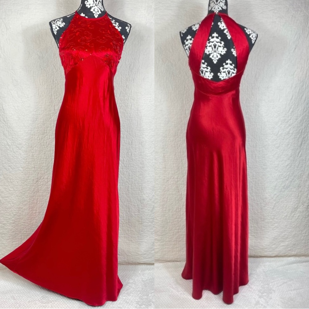 90s Y2K Zum Zum Halter Cutout Back Sequins Embroidered Siren Red Formal Dress